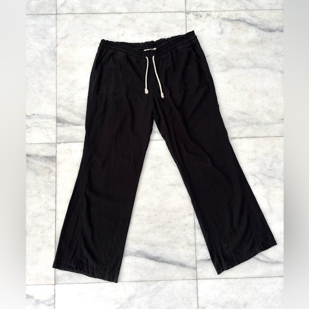 Y2K Kiss & Cry Pants Black Wide Leg Linen Mid Rise Drawstring Women XL Lagenlook